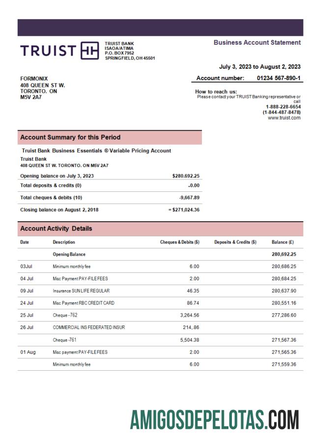 Baixável Truist Bank Enterprise modelo de extrato de conta Word e PDF